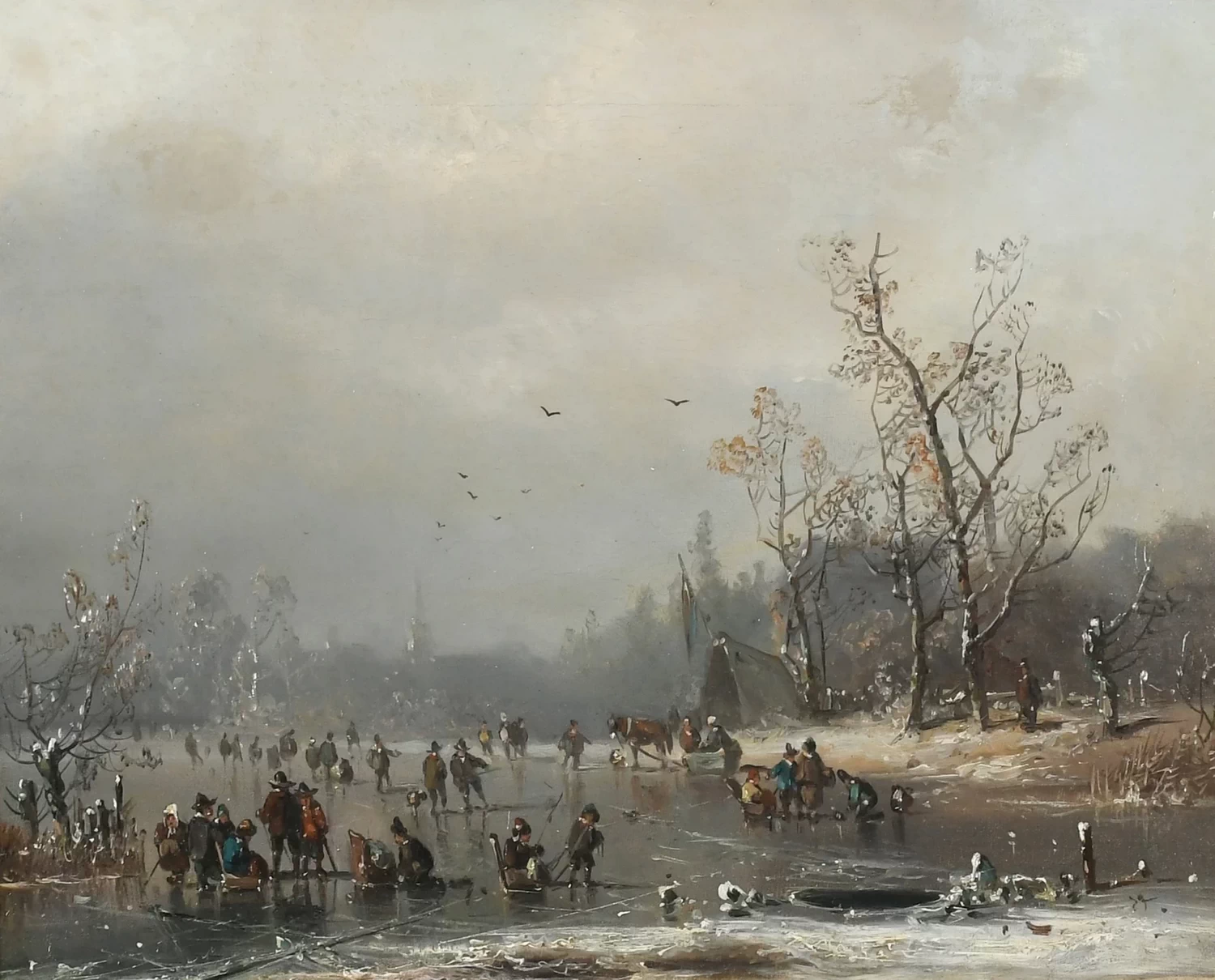 Charles Leickert - Paesaggio invernale con pattinaggio artistico su un fiume ghiacciato
